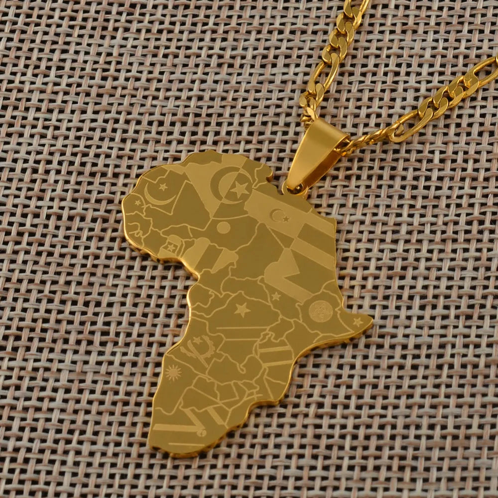 Collier Carte d’Afrique Couleur Or/Argent – Pendentif Drapeau Unisexe