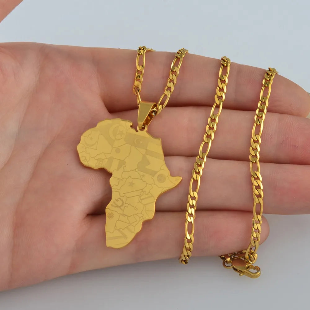 Collier Carte d’Afrique Couleur Or/Argent – Pendentif Drapeau Unisexe
