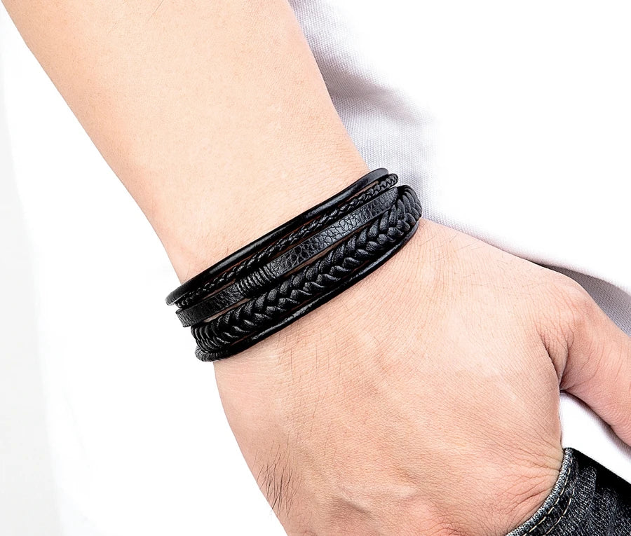 Bracelet Homme XQNI – Cuir Tressé à la Main & Acier Inoxydable, Fermoir Magnétique