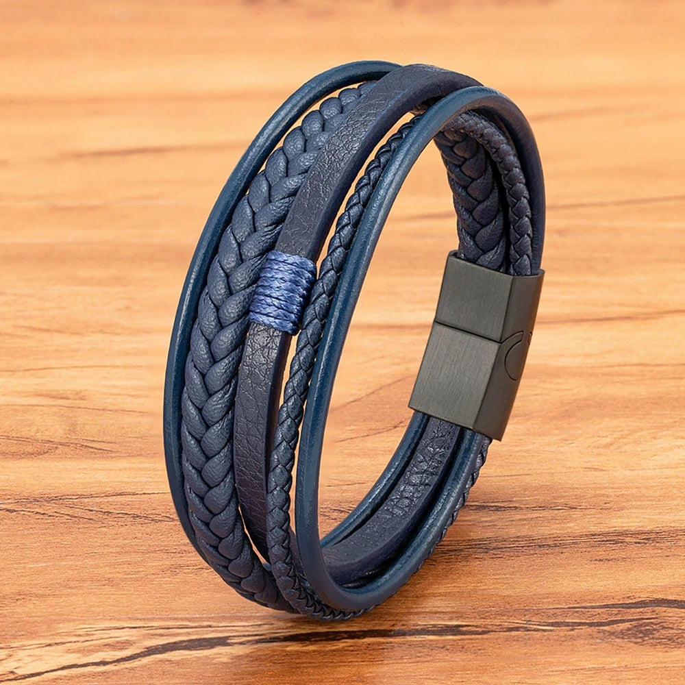 Bracelet Homme XQNI – Cuir Tressé à la Main & Acier Inoxydable, Fermoir Magnétique
