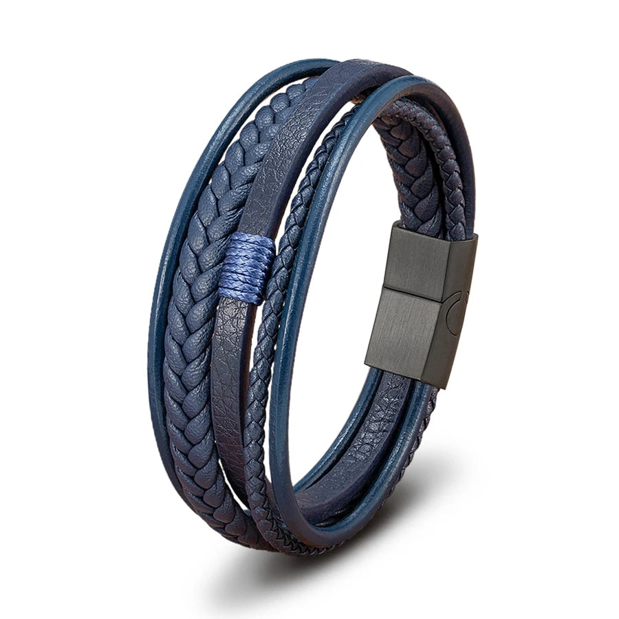 Bracelet Homme XQNI – Cuir Tressé à la Main & Acier Inoxydable, Fermoir Magnétique