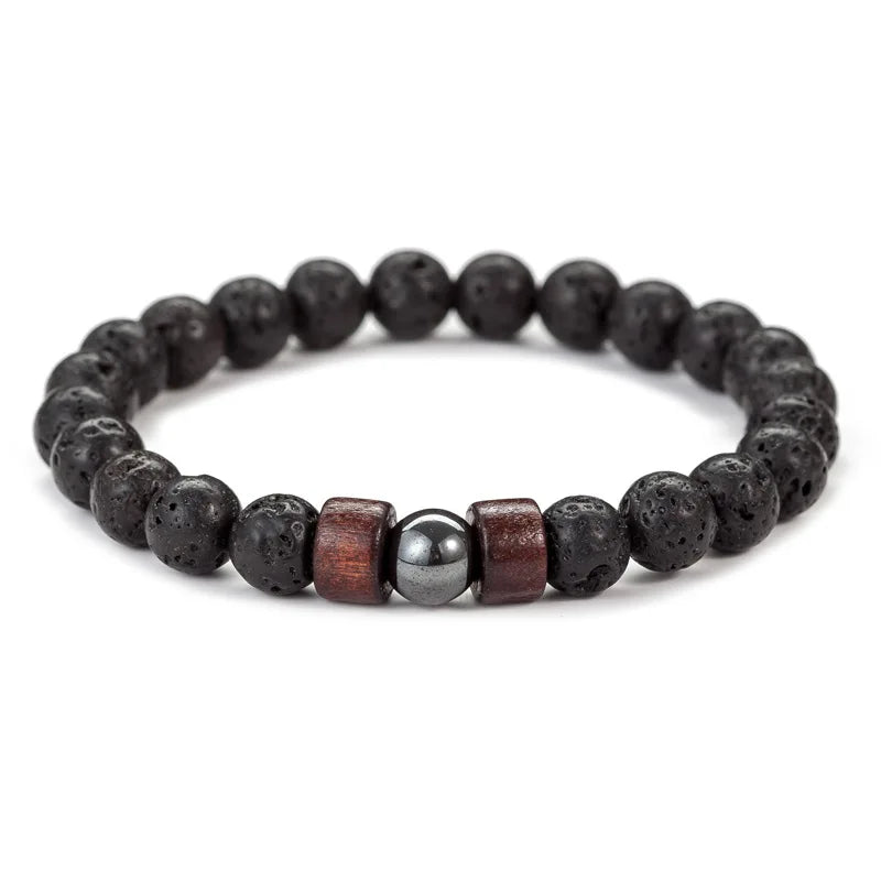 Bracelet Homme en Pierre de Lave – Perles 8mm & Bouddha Tibétain, Fait Main