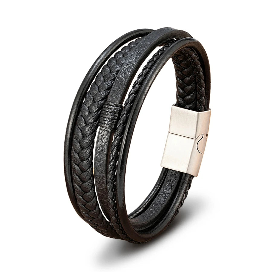 Bracelet Homme XQNI – Cuir Tressé à la Main & Acier Inoxydable, Fermoir Magnétique