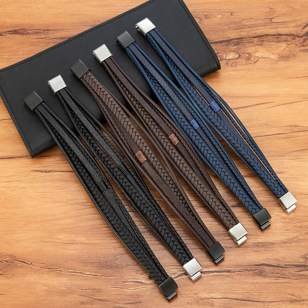 Bracelet Homme XQNI – Cuir Tressé à la Main & Acier Inoxydable, Fermoir Magnétique
