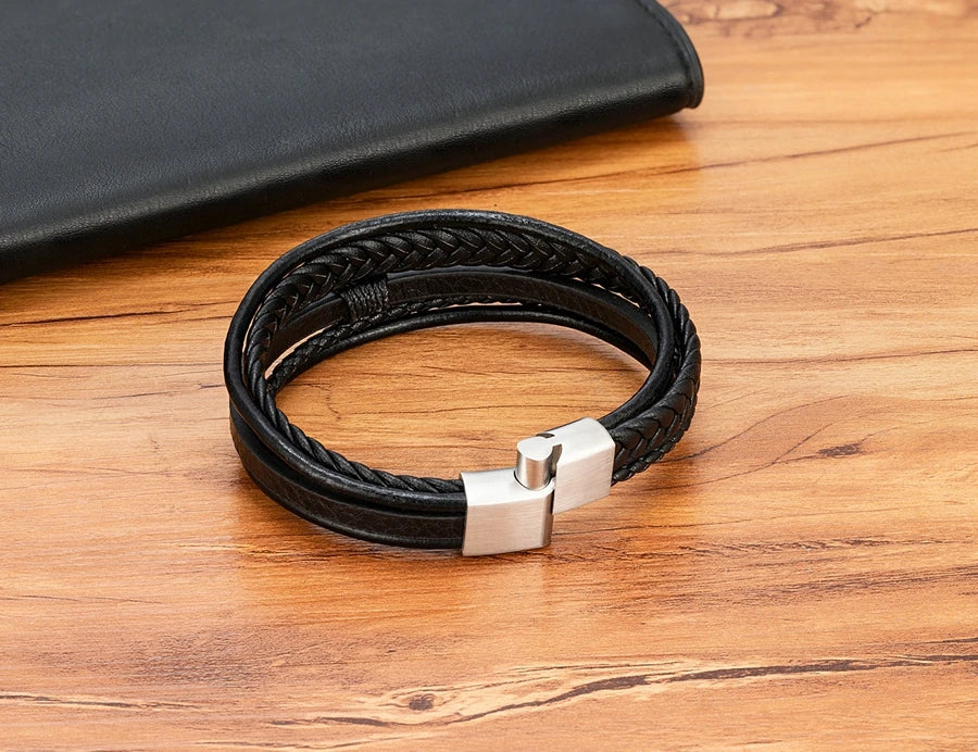 Bracelet Homme XQNI – Cuir Tressé à la Main & Acier Inoxydable, Fermoir Magnétique
