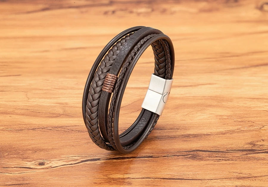 Bracelet Homme XQNI – Cuir Tressé à la Main & Acier Inoxydable, Fermoir Magnétique