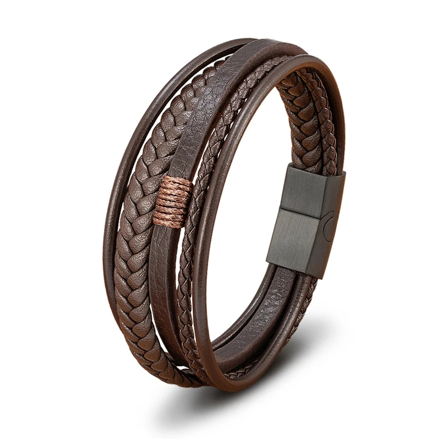 Bracelet Homme XQNI – Cuir Tressé à la Main & Acier Inoxydable, Fermoir Magnétique