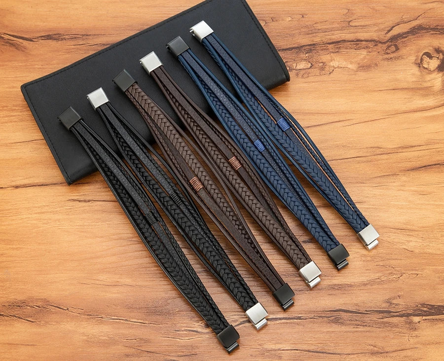 Bracelet Homme XQNI – Cuir Tressé à la Main & Acier Inoxydable, Fermoir Magnétique