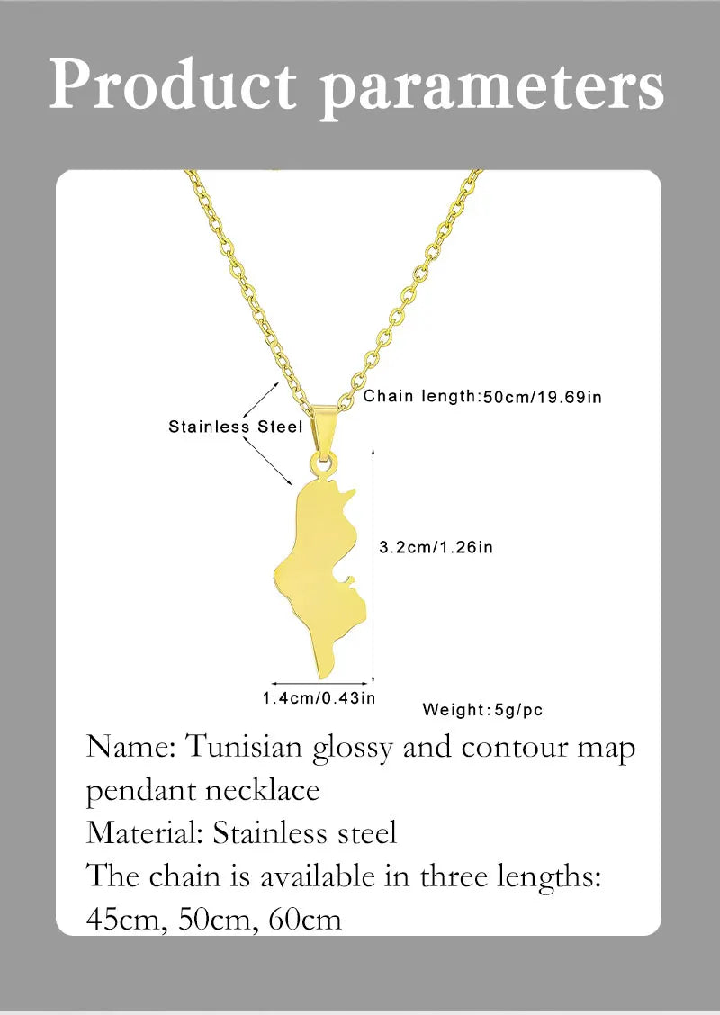 Collier Tunisie en Acier Inoxydable – Pendentif Carte, Unisexe, Bijou Ethnique & Patriotique