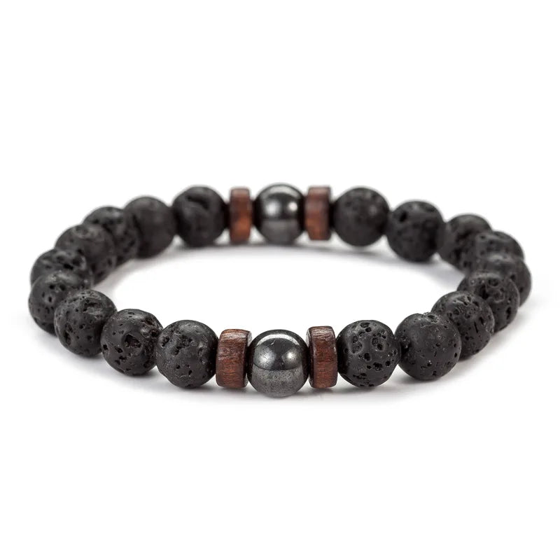 Bracelet Homme en Pierre de Lave – Perles 8mm & Bouddha Tibétain, Fait Main