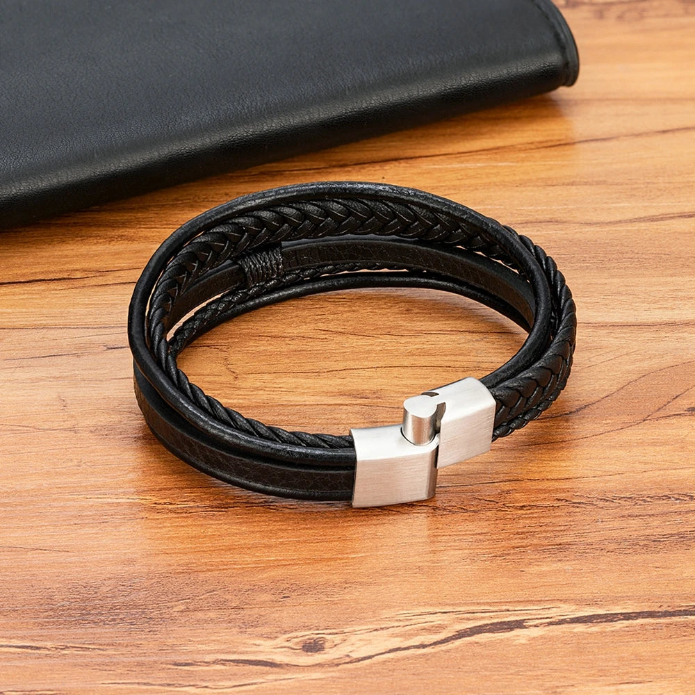 Bracelet Homme XQNI – Cuir Tressé à la Main & Acier Inoxydable, Fermoir Magnétique