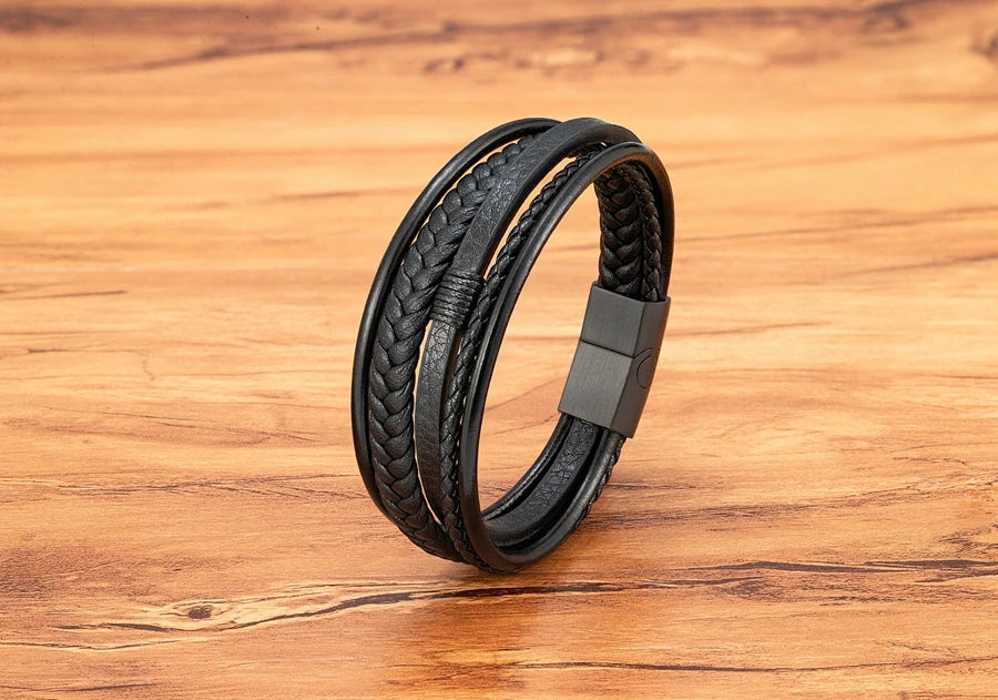 Bracelet Homme XQNI – Cuir Tressé à la Main & Acier Inoxydable, Fermoir Magnétique