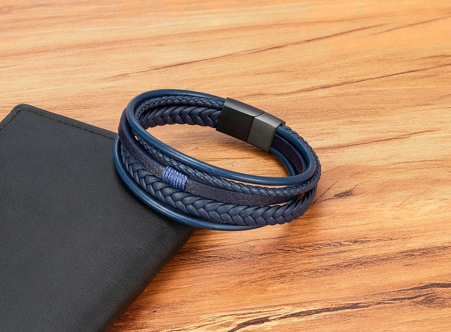 Bracelet Homme XQNI – Cuir Tressé à la Main & Acier Inoxydable, Fermoir Magnétique
