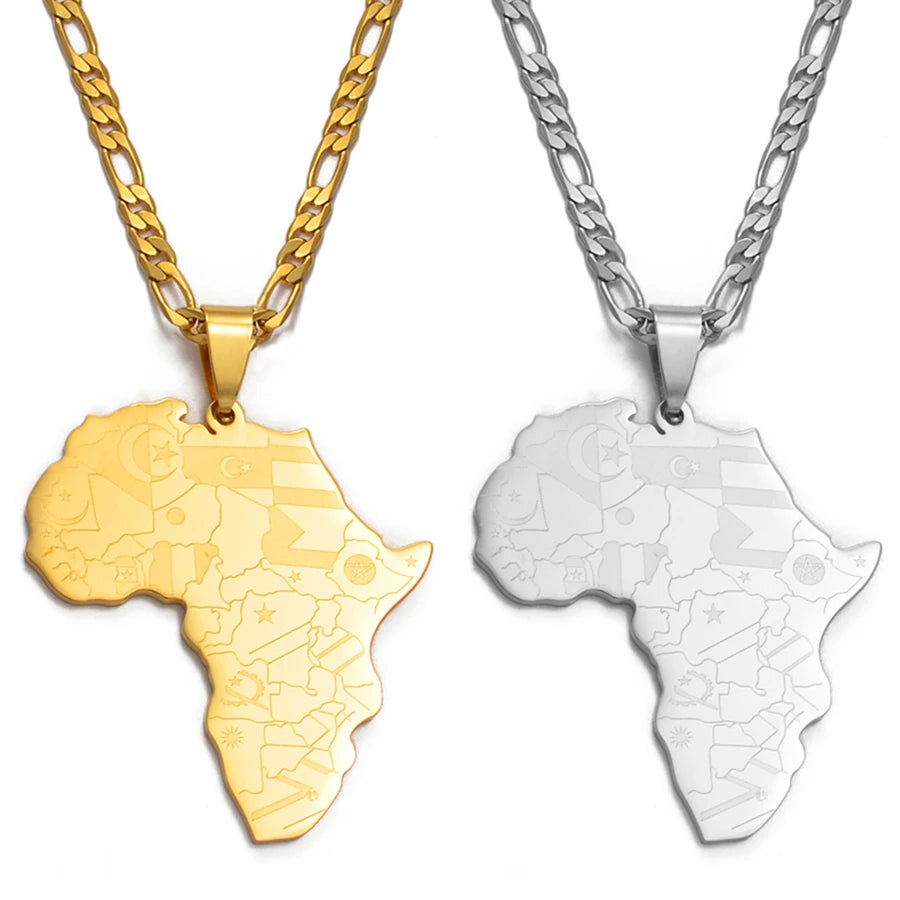 Collier Carte d’Afrique Couleur Or/Argent – Pendentif Drapeau Unisexe
