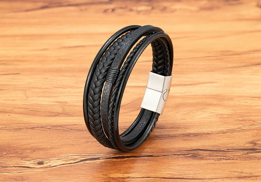 Bracelet Homme XQNI – Cuir Tressé à la Main & Acier Inoxydable, Fermoir Magnétique