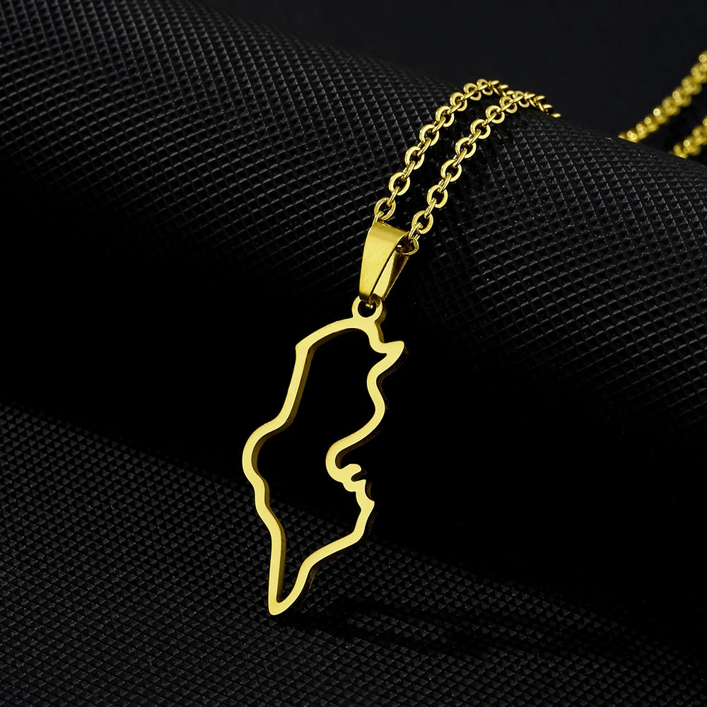 Collier Tunisie en Acier Inoxydable – Pendentif Carte, Unisexe, Bijou Ethnique & Patriotique