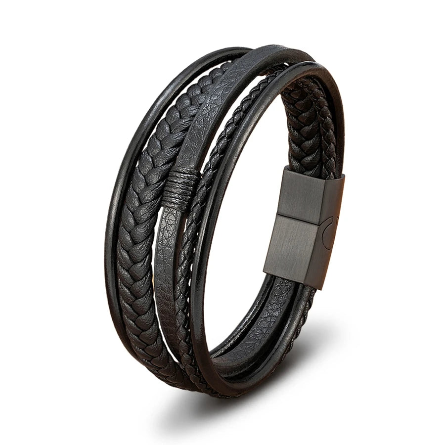 Bracelet Homme XQNI – Cuir Tressé à la Main & Acier Inoxydable, Fermoir Magnétique