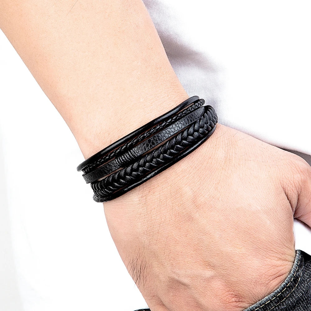 Bracelet Homme XQNI – Cuir Tressé à la Main & Acier Inoxydable, Fermoir Magnétique