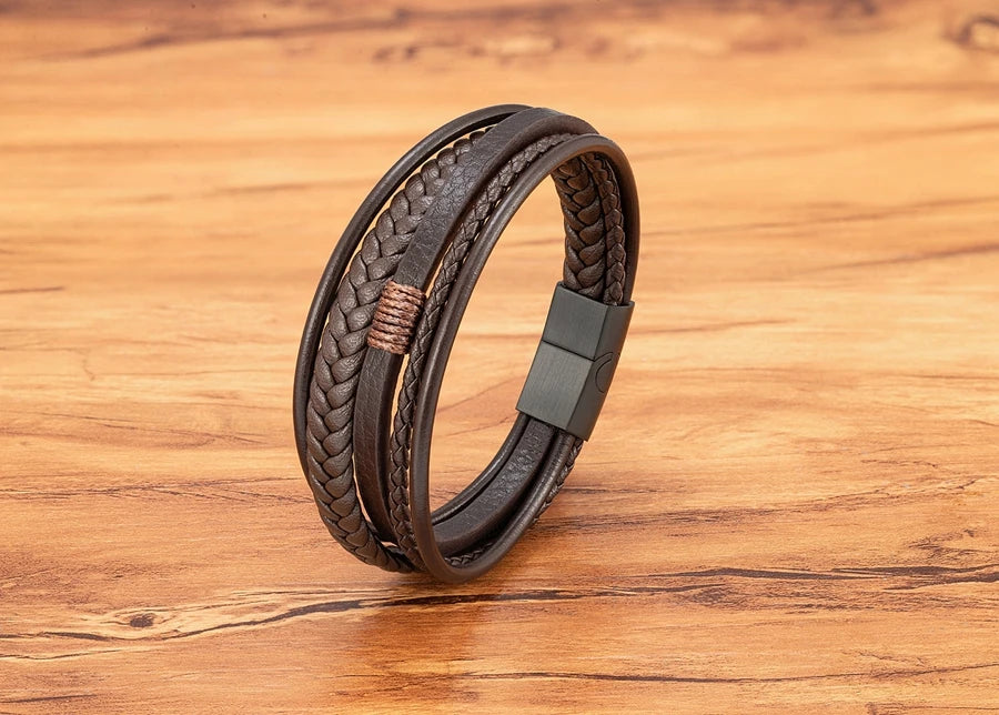 Bracelet Homme XQNI – Cuir Tressé à la Main & Acier Inoxydable, Fermoir Magnétique