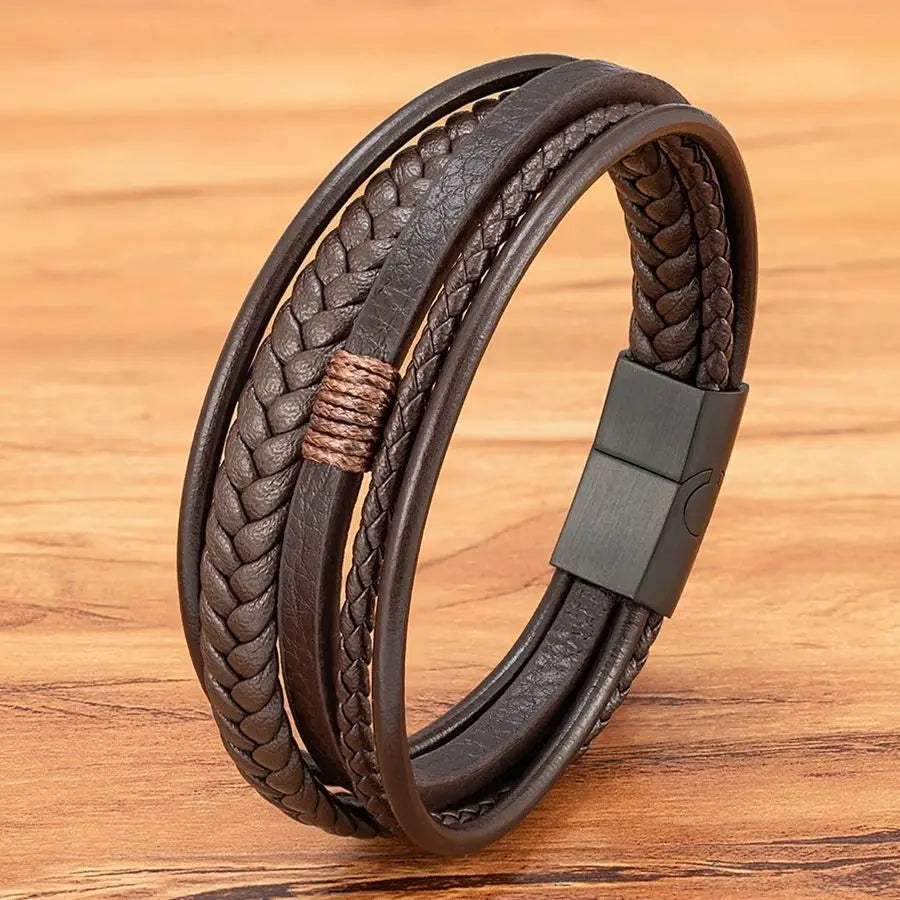 Bracelet Homme XQNI – Cuir Tressé à la Main & Acier Inoxydable, Fermoir Magnétique