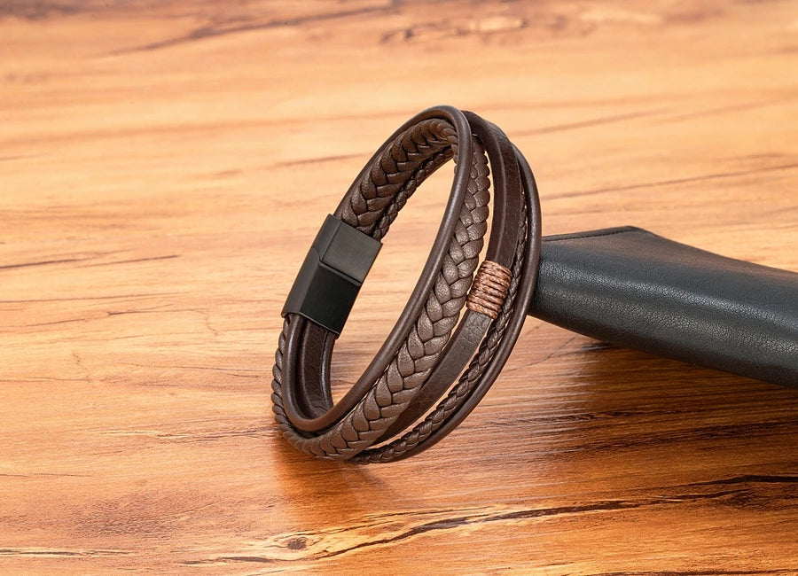 Bracelet Homme XQNI – Cuir Tressé à la Main & Acier Inoxydable, Fermoir Magnétique