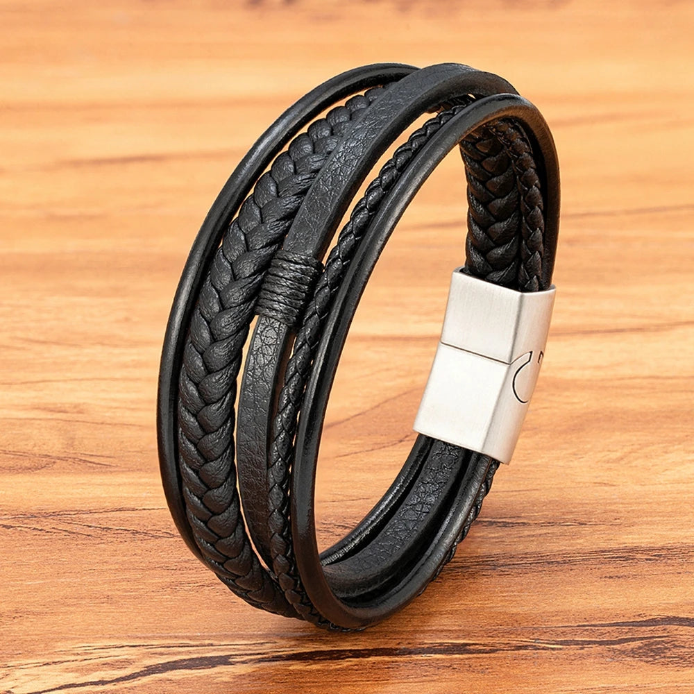 Bracelet Homme XQNI – Cuir Tressé à la Main & Acier Inoxydable, Fermoir Magnétique