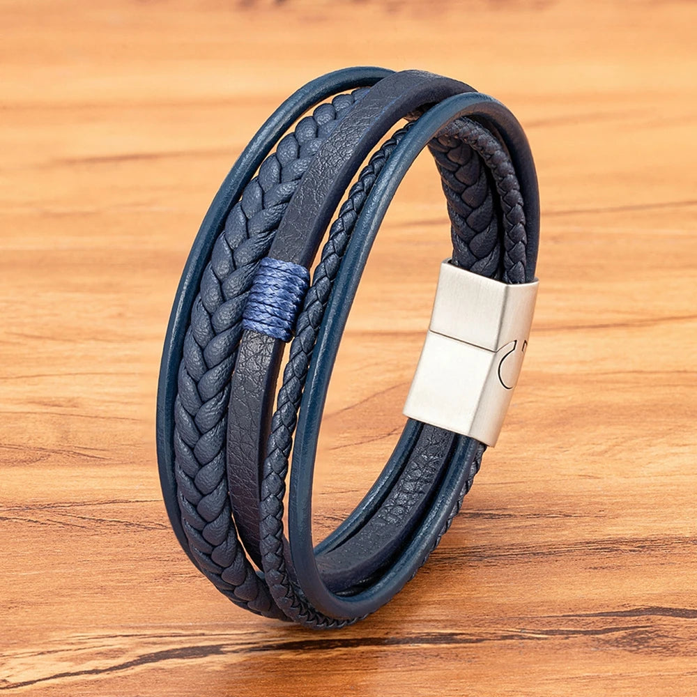 Bracelet Homme XQNI – Cuir Tressé à la Main & Acier Inoxydable, Fermoir Magnétique