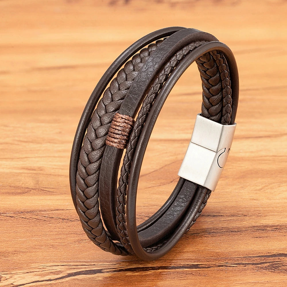 Bracelet Homme XQNI – Cuir Tressé à la Main & Acier Inoxydable, Fermoir Magnétique