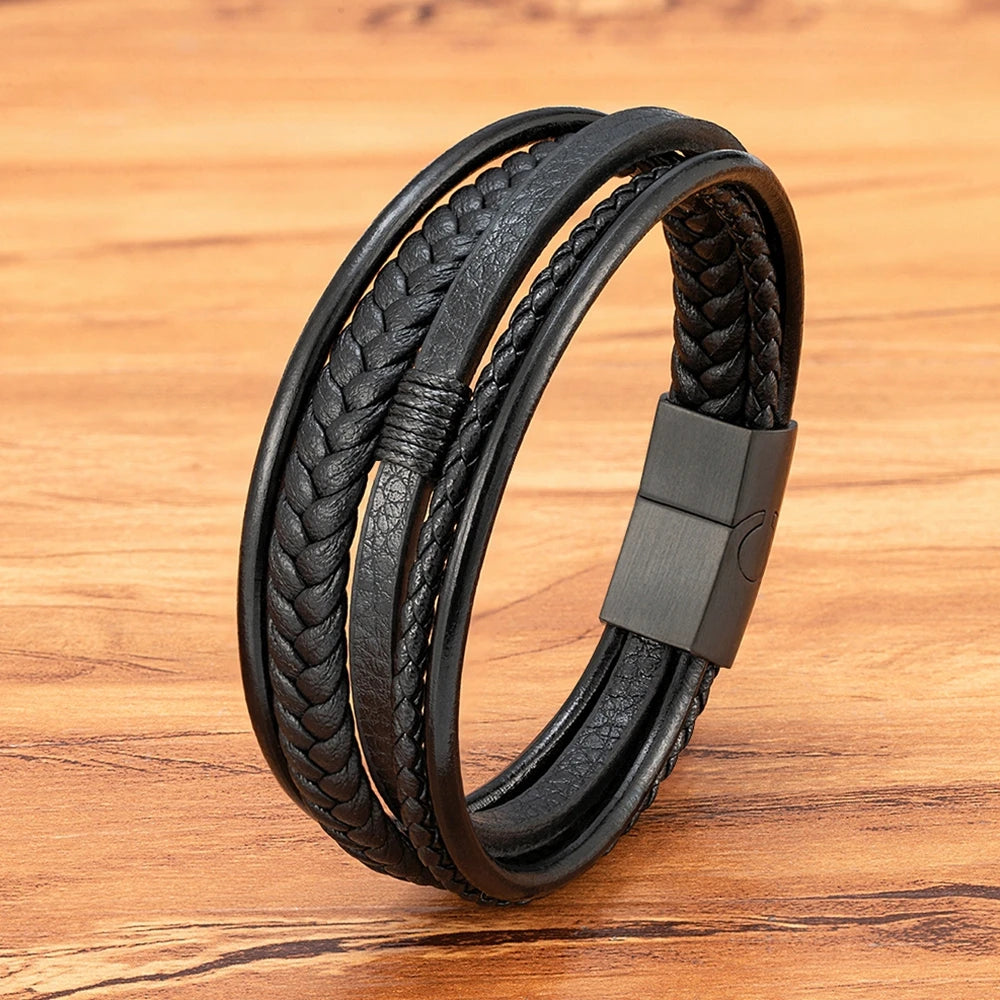 Bracelet Homme XQNI – Cuir Tressé à la Main & Acier Inoxydable, Fermoir Magnétique
