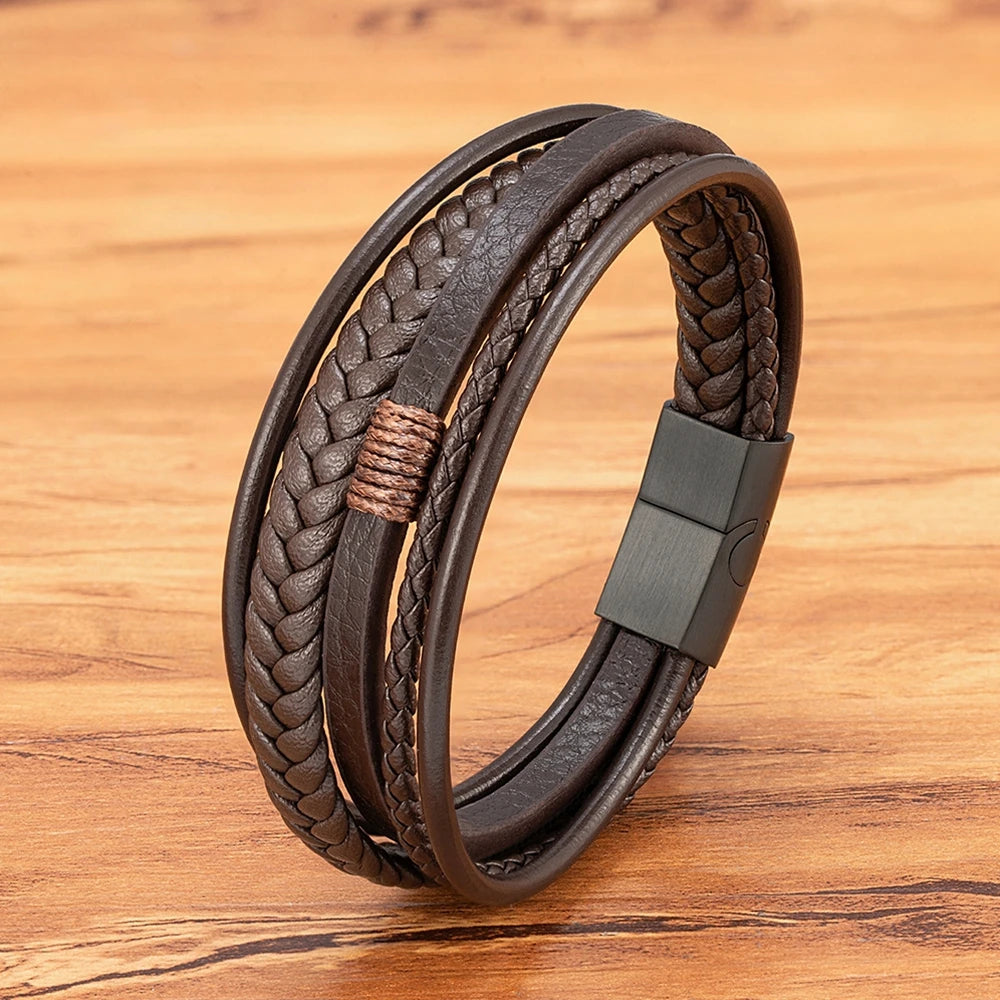 Bracelet Homme XQNI – Cuir Tressé à la Main & Acier Inoxydable, Fermoir Magnétique